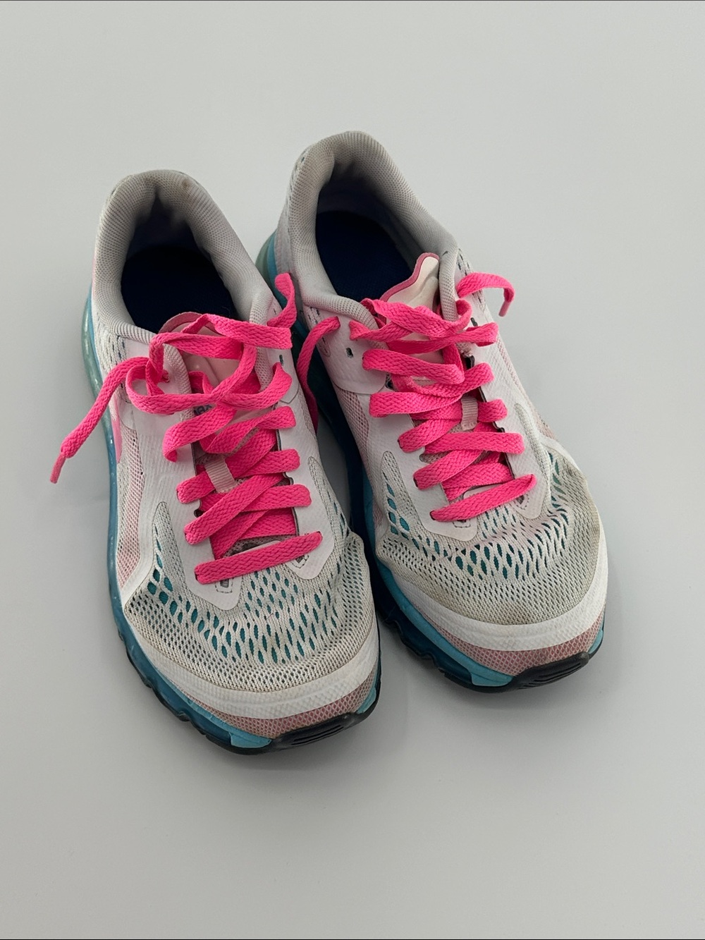 Nike Air Max 2014 White Athletic Shoes with Pink Laces and Blue Accents